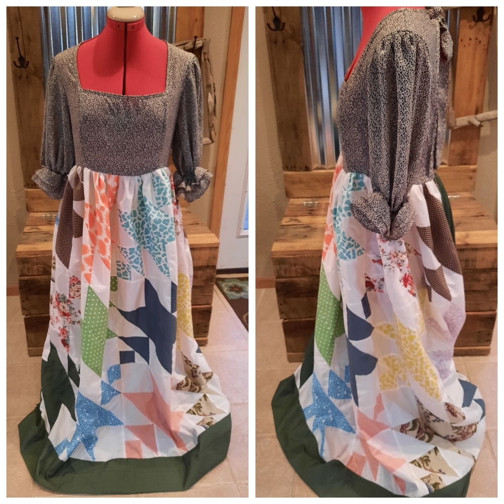 Vtg quilt top Maxi Dress S-M upcycled handmade Old Maids Puzzle - Picture 2 of 4